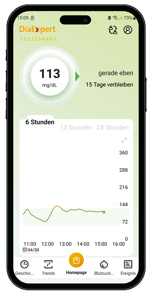 DiaExpert-App grün: im eingestellten Zielbereich DiaExpert-App grün: im eingestellten Zielbereich