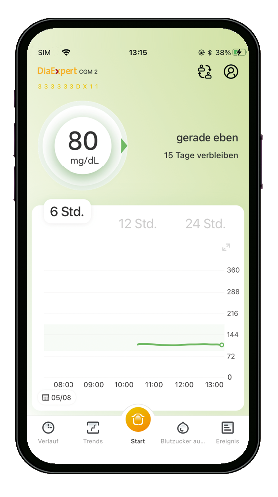 DiaExpert CGM 2 App grün: im eingestellten Zielbereich DiaExpert CGM 2 App grün: im eingestellten Zielbereich