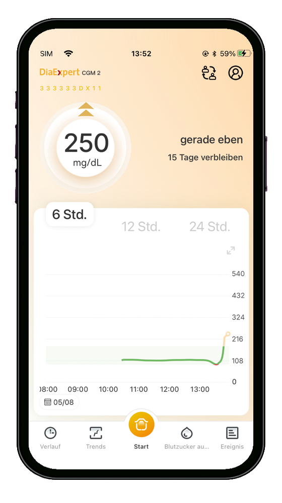 DiaExpert CGM 2 App orange: über dem eingestellten Zielbereich DiaExpert CGM 2 App orange: über dem eingestellten Zielbereich