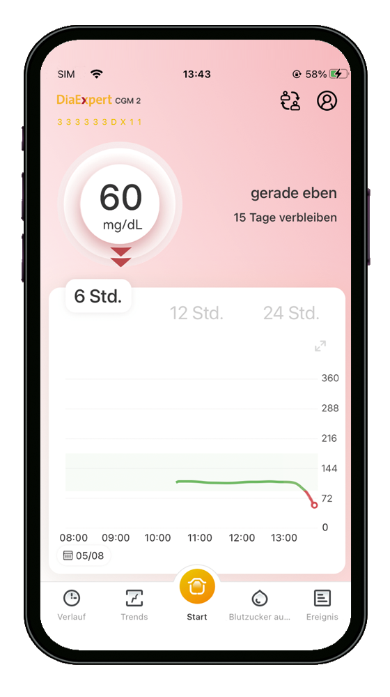 DiaExpert CGM 2 App rot: unter dem eingestellten Zielbereich DiaExpert CGM 2 App rot: unter dem eingestellten Zielbereich